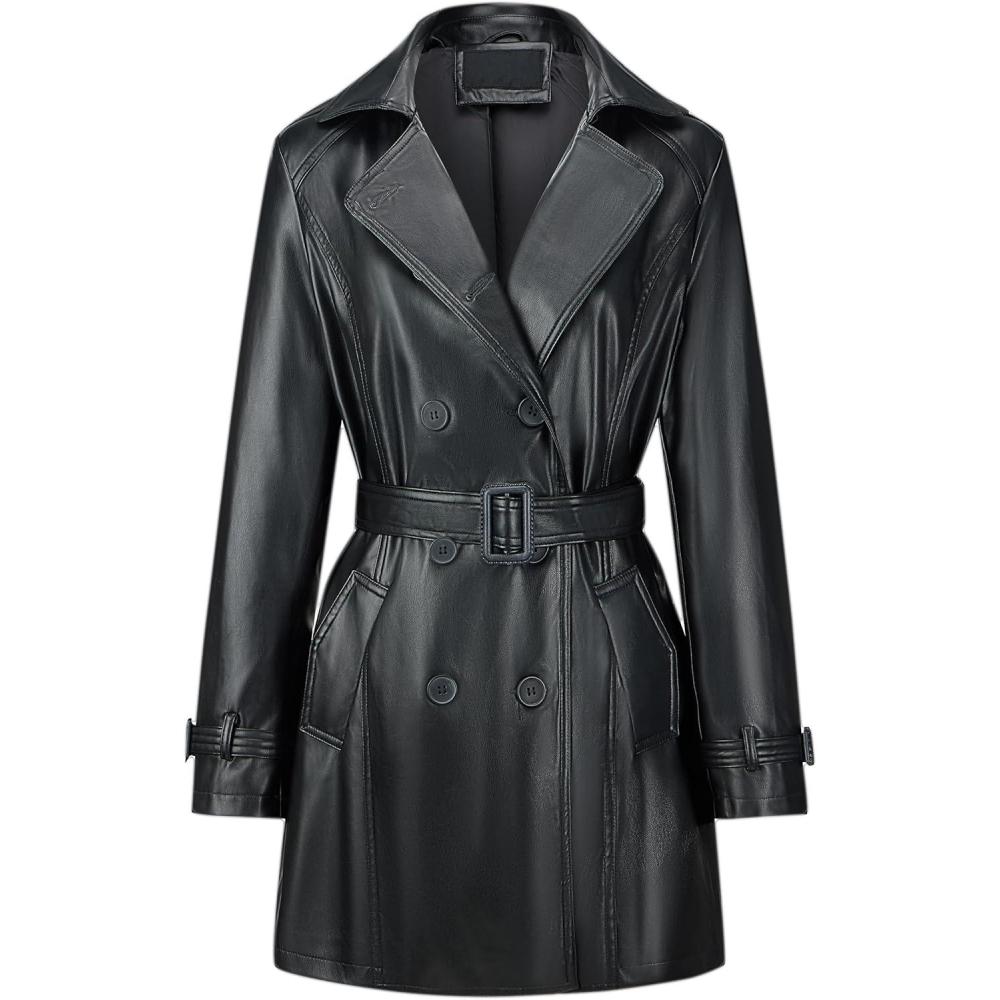 imageBellivera Women Trench Coat Long Loose Jacket Faux PU Leather Oversize Classic Lapel Overcoat with Beltdull Black