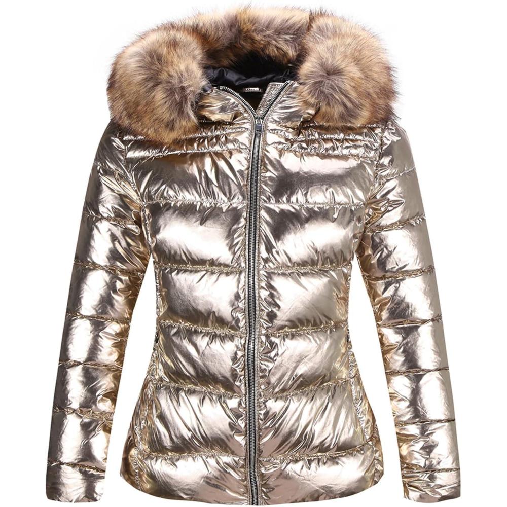 imageBellivera Womens Lightweight Puffer Jacket Winter Coats for Women Warm Quilted Bubble Padded Hood Coat with Faux Fur CollarGold