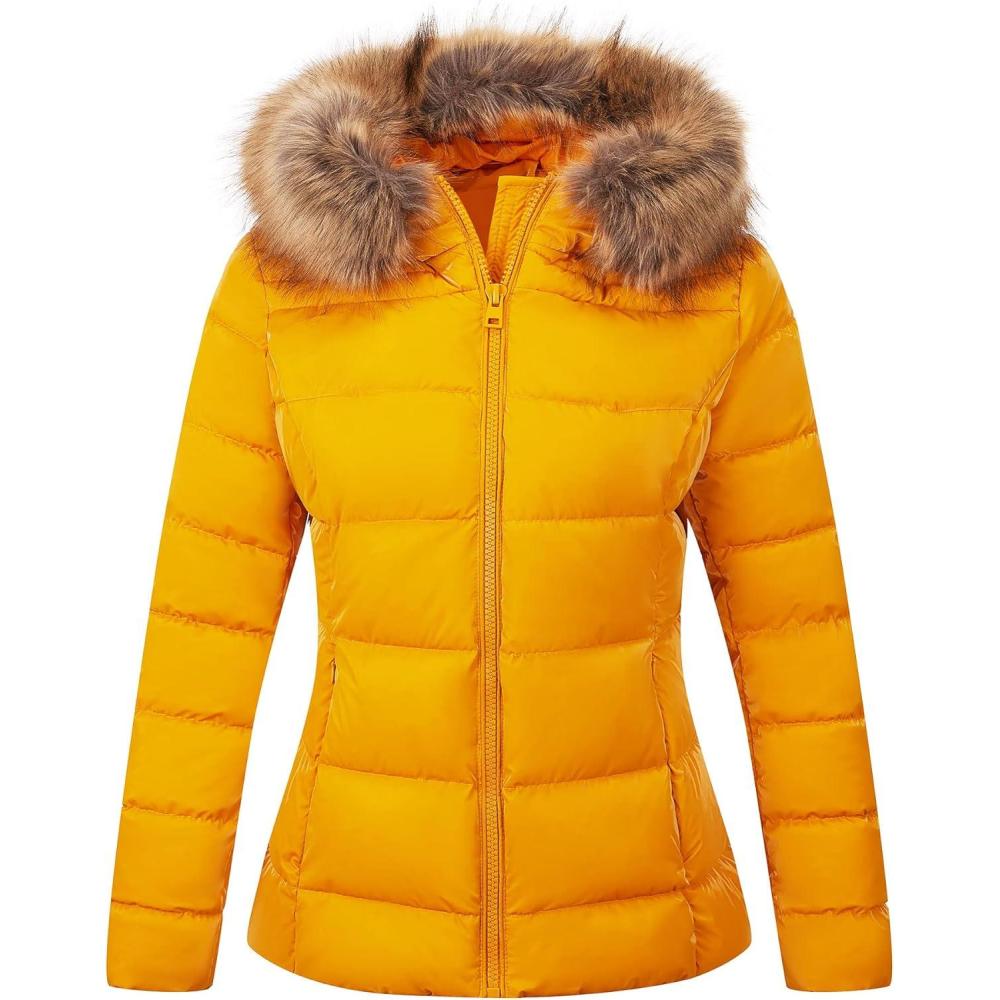 imageBellivera Womens Lightweight Puffer Jacket Winter Coats for Women Warm Quilted Bubble Padded Hood Coat with Faux Fur CollarYellow