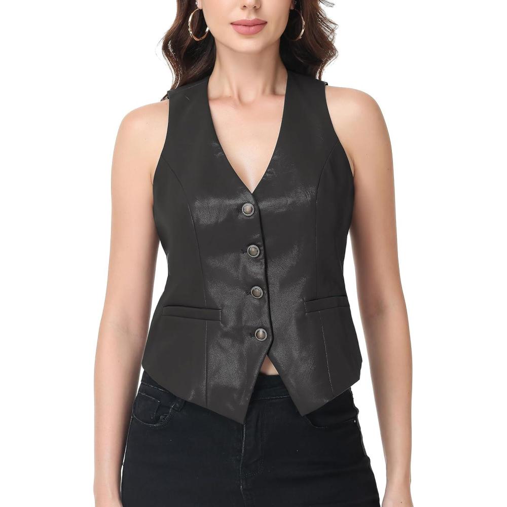 imageCFRTMTBB Womens PU Leather Vest Top Button Down V Neck Sleeveless Business Casual Jacket Vest WaistcoatBlack