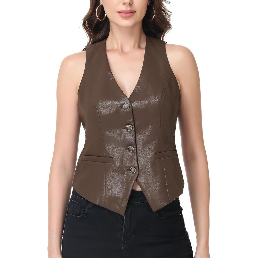 imageCFRTMTBB Womens PU Leather Vest Top Button Down V Neck Sleeveless Business Casual Jacket Vest WaistcoatBrown