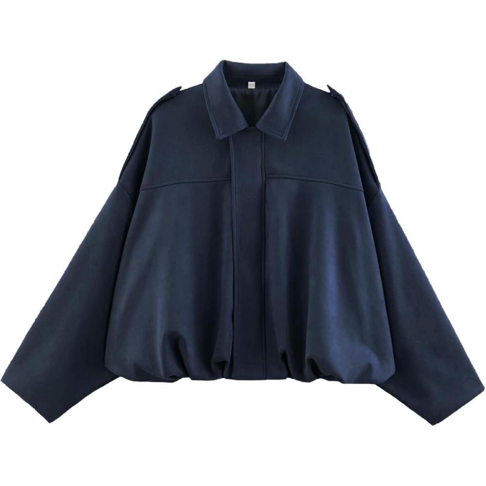 imageCsvinkiko Womens Faux Suede Bomber Jacket Oversized Pilot Coats Fall Lapel Zip Up Motorcycle Streetwear OuterwearNavy