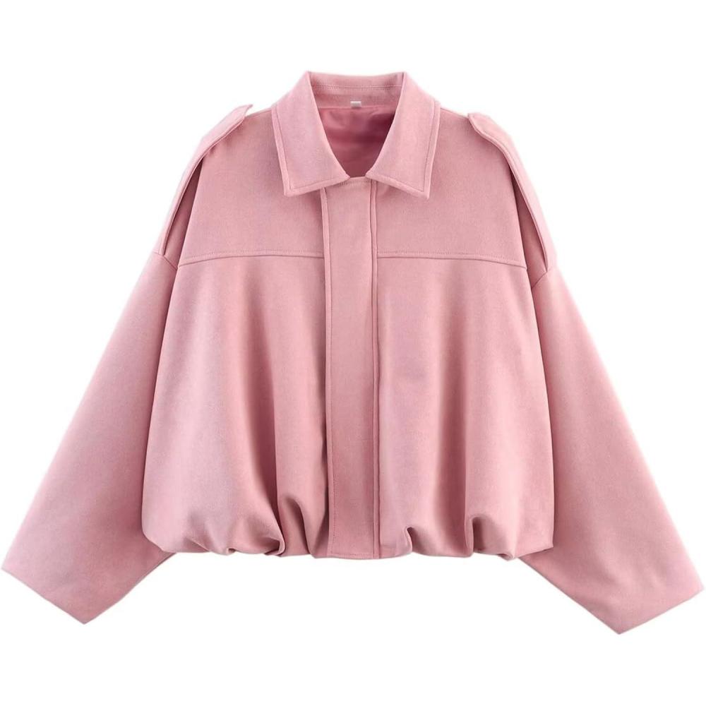 imageCsvinkiko Womens Faux Suede Bomber Jacket Oversized Pilot Coats Fall Lapel Zip Up Motorcycle Streetwear OuterwearPink