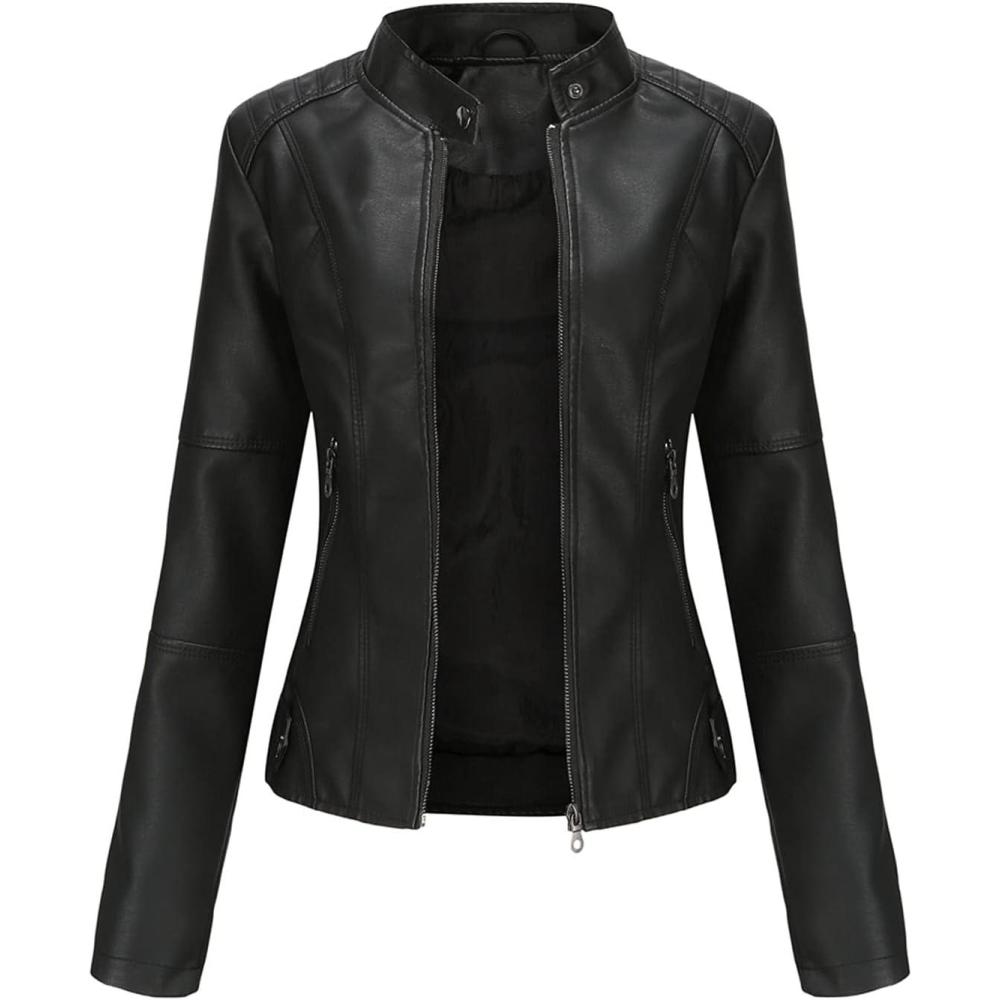imageDEAR MODEL Faux Leather Jacket Women Bomber Jacket Womens Belted Motorcycle JacketBlack