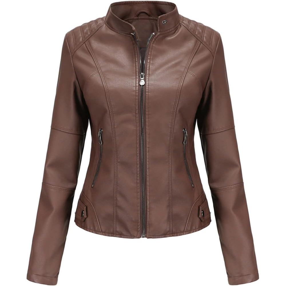 imageDEAR MODEL Faux Leather Jacket Women Bomber Jacket Womens Belted Motorcycle JacketBrown
