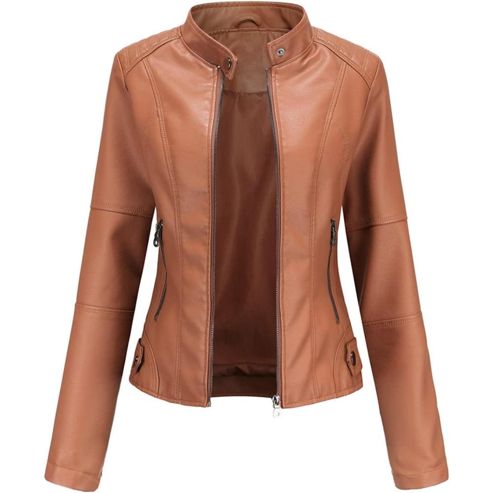 imageDEAR MODEL Faux Leather Jacket Women Bomber Jacket Womens Belted Motorcycle JacketCamel