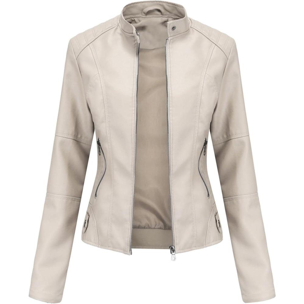 imageDEAR MODEL Faux Leather Jacket Women Bomber Jacket Womens Belted Motorcycle JacketCream