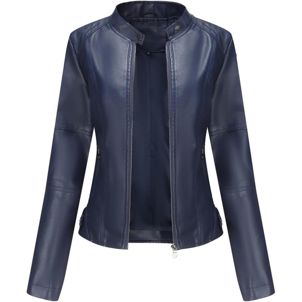 imageDEAR MODEL Faux Leather Jacket Women Bomber Jacket Womens Belted Motorcycle JacketDeep Blue