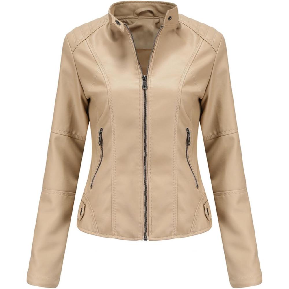 imageDEAR MODEL Faux Leather Jacket Women Bomber Jacket Womens Belted Motorcycle JacketKhaki