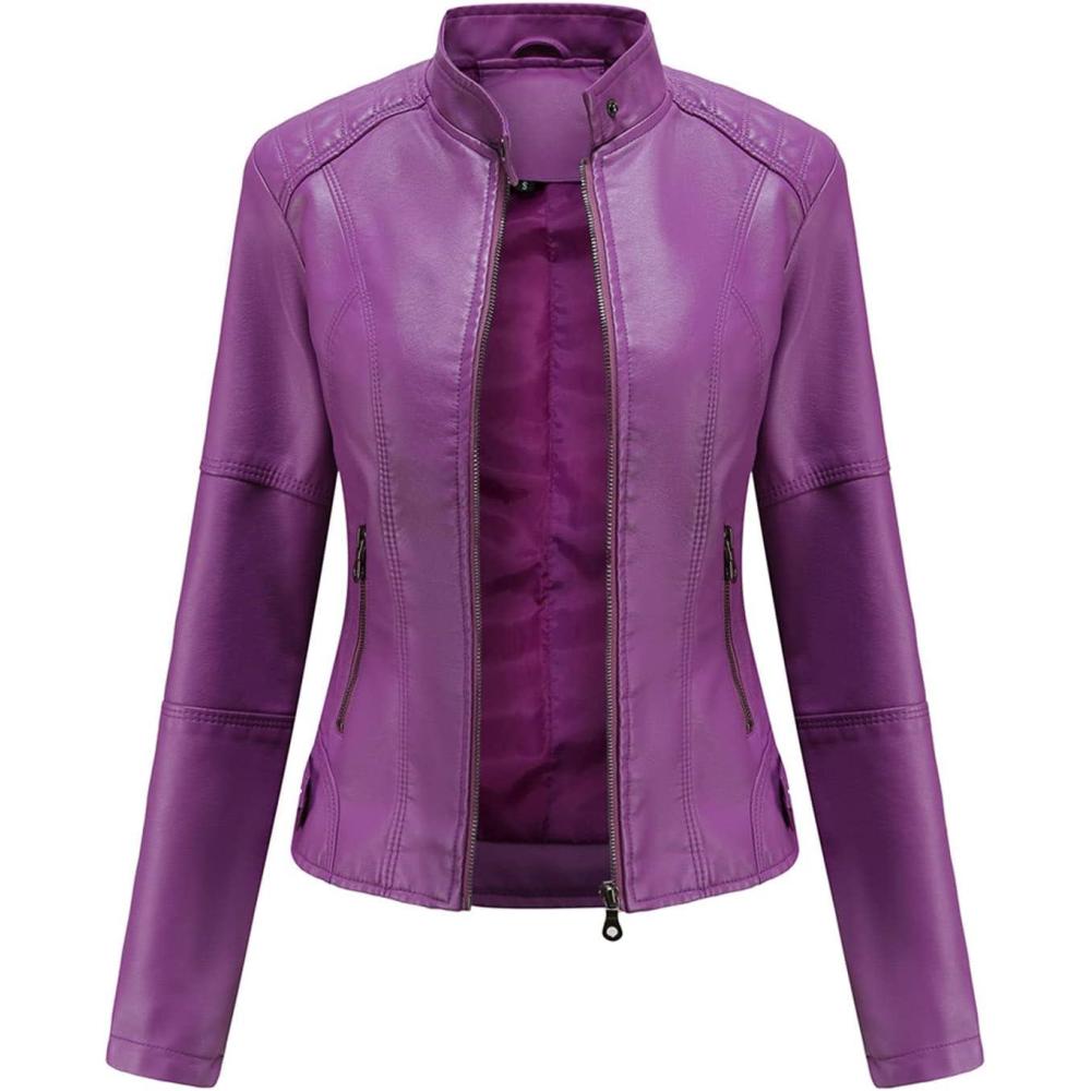 imageDEAR MODEL Faux Leather Jacket Women Bomber Jacket Womens Belted Motorcycle JacketPurple