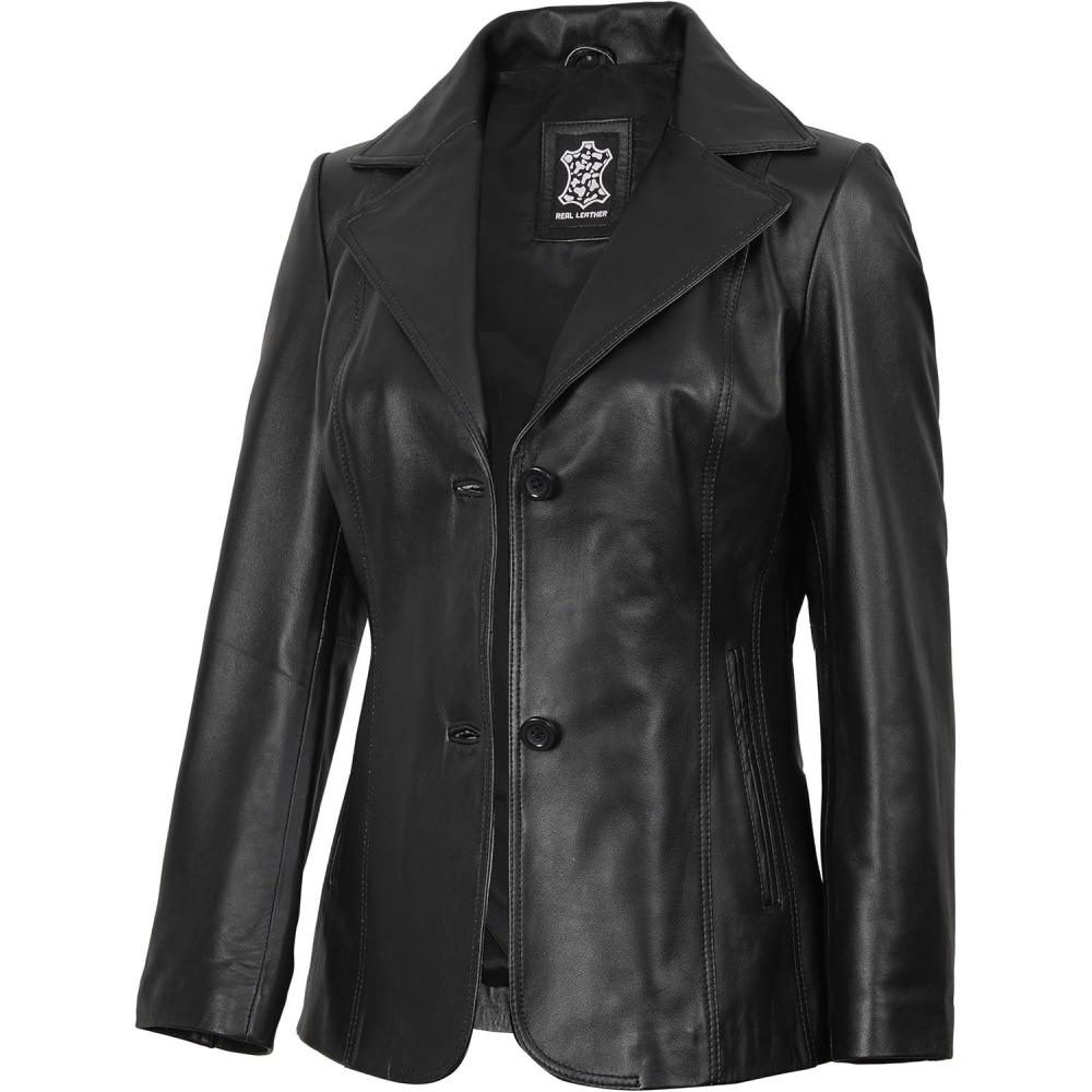 imageDecrum Real Leather Blazer Women Casual Stylish Lambskin Leather Blazer for WomenSurrey Black Leather Blazer Women