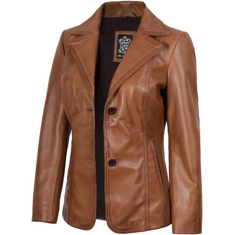 imageDecrum Real Leather Blazer Women Casual Stylish Lambskin Leather Blazer for WomenSurrey Brown Leather Blazer Women