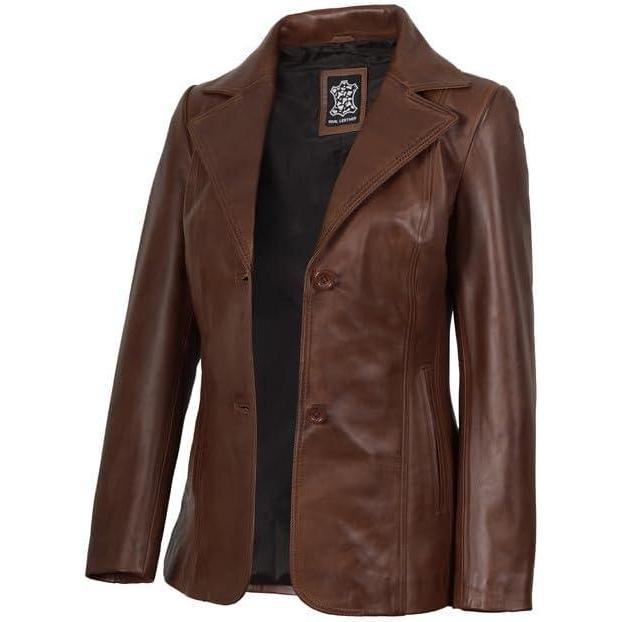imageDecrum Real Leather Blazer Women Casual Stylish Lambskin Leather Blazer for WomenSurrey Cognac Leather Blazer Women