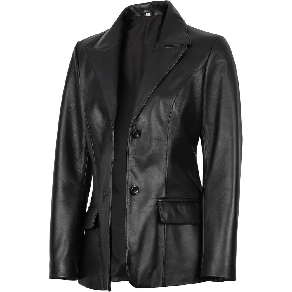 imageDecrum Real Leather Blazer Women Casual Stylish Lambskin Leather Blazer for WomenVicenza Black 2 Button Blazer