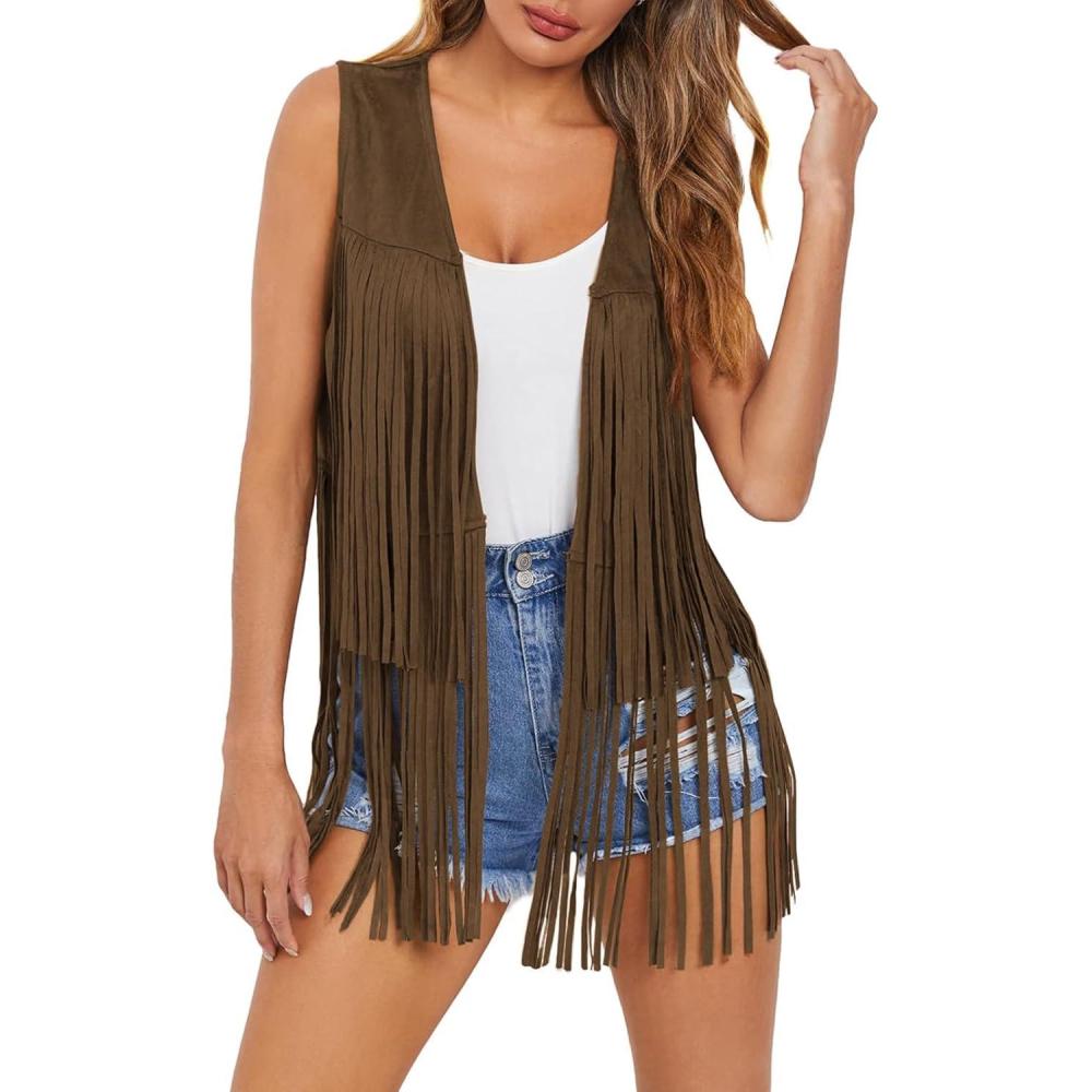imageDokotoo Womens Fringe Vest 70s Hippie Costume Sleeveless Cowgirl Western Outfits Faux Suede Tassel Leather OuterwearBrown