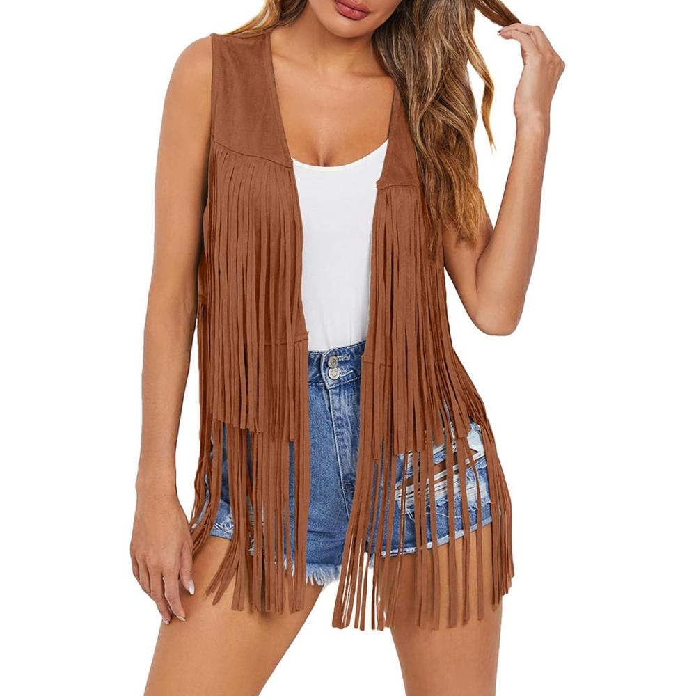 imageDokotoo Womens Fringe Vest 70s Hippie Costume Sleeveless Cowgirl Western Outfits Faux Suede Tassel Leather OuterwearCinnamon