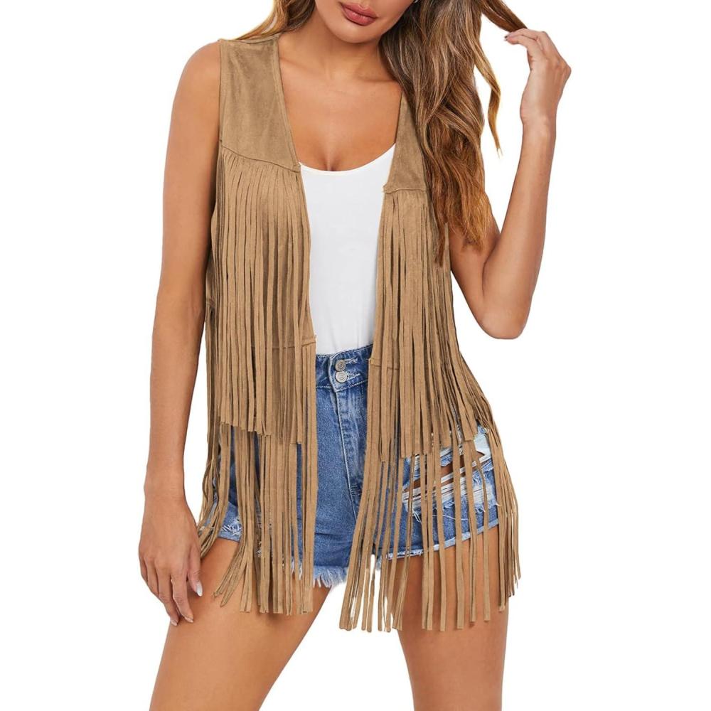imageDokotoo Womens Fringe Vest 70s Hippie Costume Sleeveless Cowgirl Western Outfits Faux Suede Tassel Leather OuterwearKhaki
