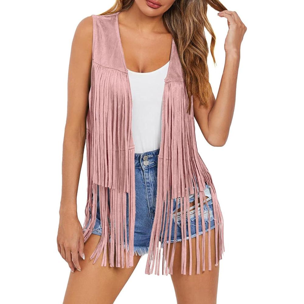 imageDokotoo Womens Fringe Vest 70s Hippie Costume Sleeveless Cowgirl Western Outfits Faux Suede Tassel Leather OuterwearLight Pink