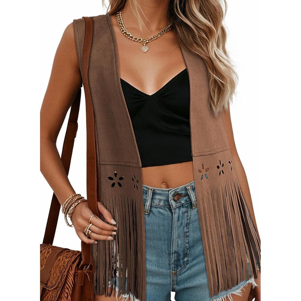 imageDokotoo Womens Fringe Vest Cowgirl Western Outfits 70s Hippie Costume Sleeveless Hollow Out Faux Suede Tassel OuterwearBrown