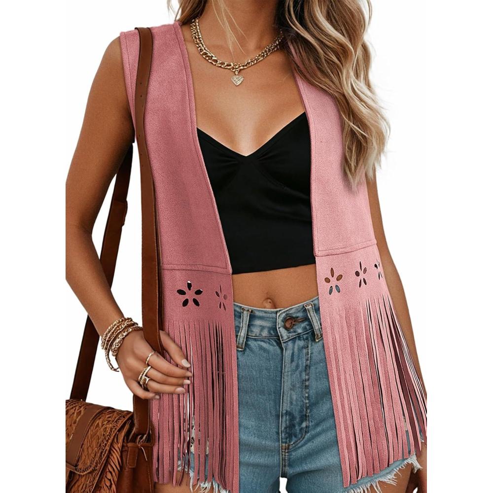 imageDokotoo Womens Fringe Vest Cowgirl Western Outfits 70s Hippie Costume Sleeveless Hollow Out Faux Suede Tassel OuterwearPink