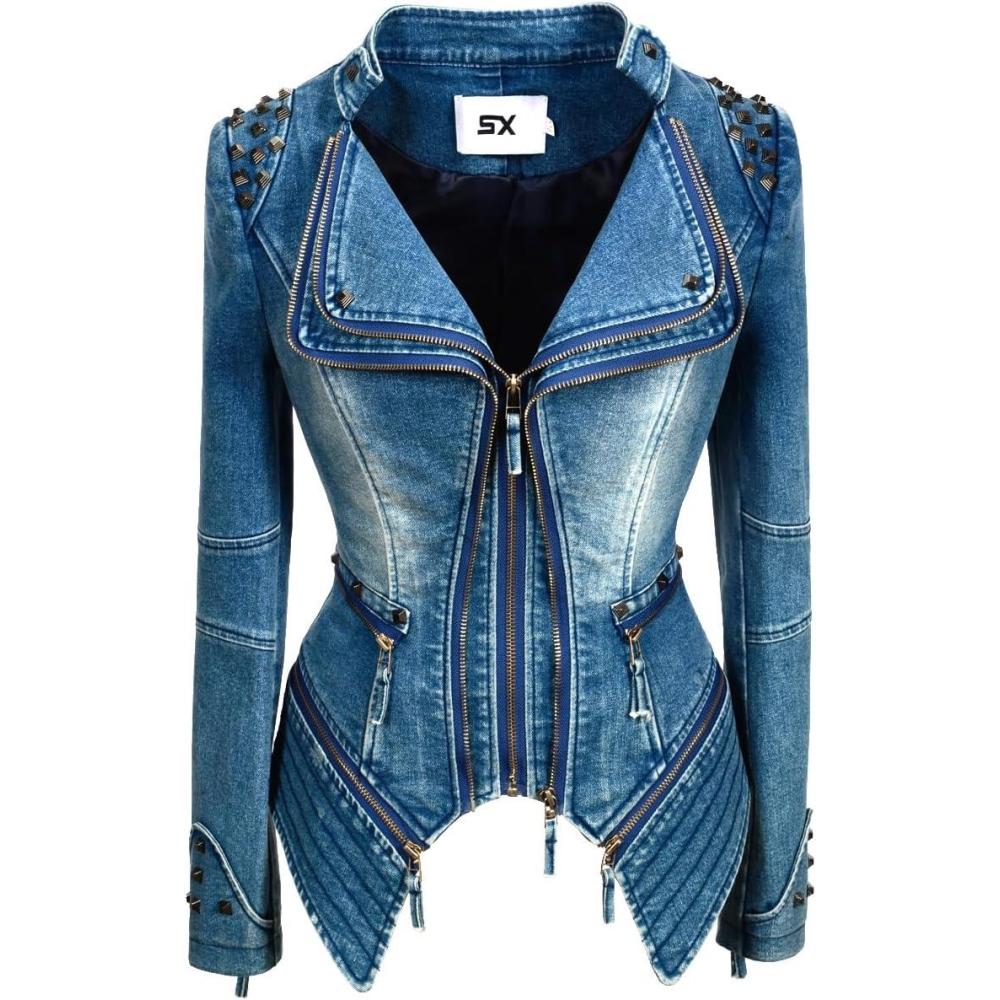 imageFashion SX Womens Rivet Faux Leather Jacket Zipper Moto Biker Denim coat Motorcycle OutwearBlue