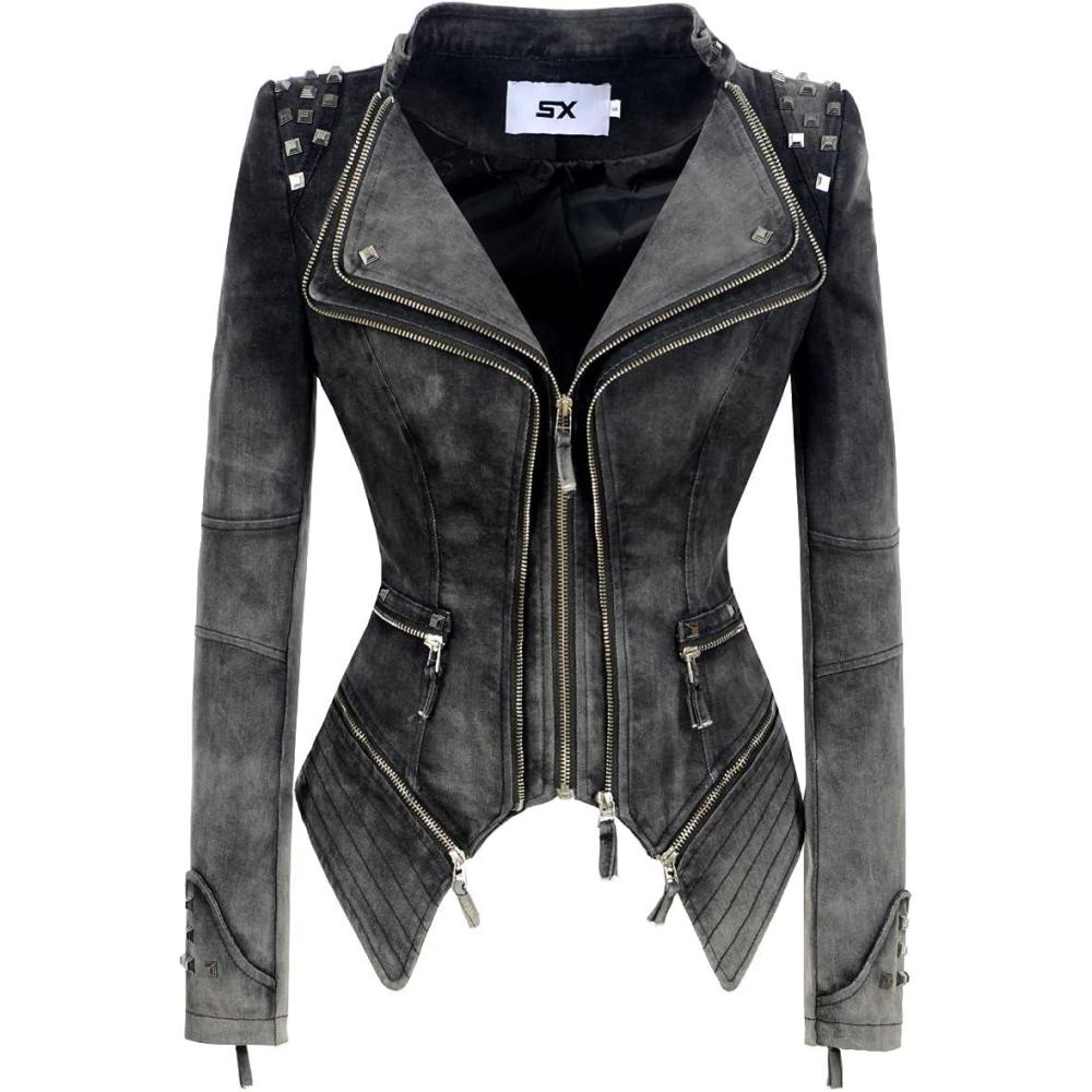 imageFashion SX Womens Rivet Faux Leather Jacket Zipper Moto Biker Denim coat Motorcycle OutwearGray