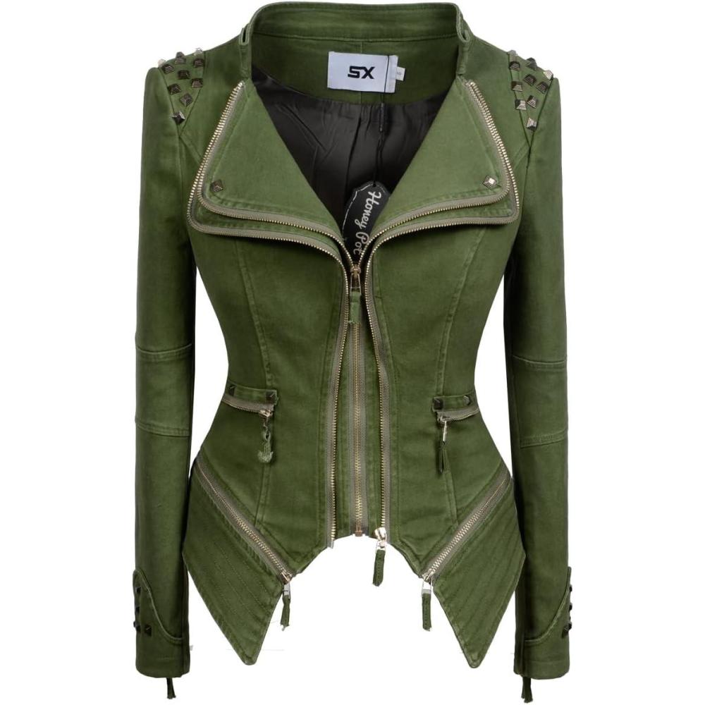 imageFashion SX Womens Rivet Faux Leather Jacket Zipper Moto Biker Denim coat Motorcycle OutwearGreen