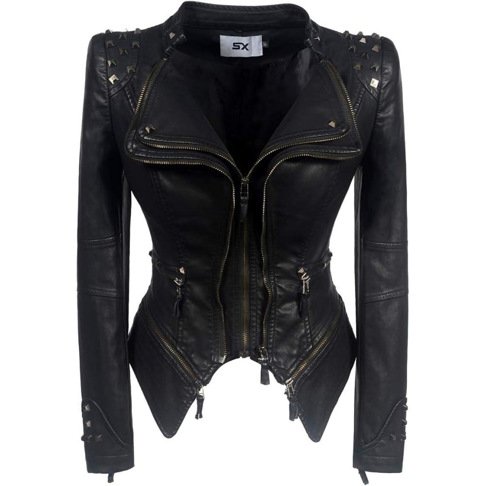 imageFashion SX Womens Rivet Faux Leather Jacket Zipper Moto Biker Denim coat Motorcycle OutwearRivetpublack
