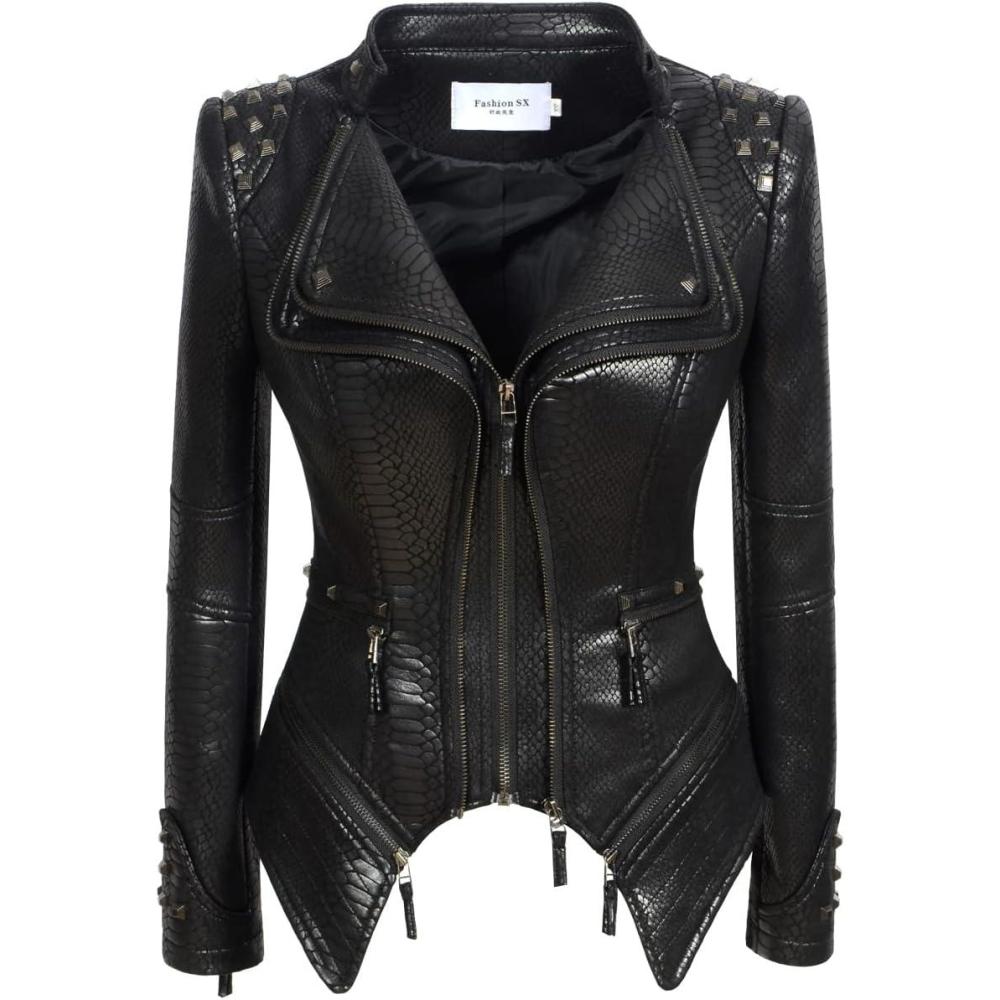 imageFashion SX Womens Rivet Faux Leather Jacket Zipper Moto Biker Denim coat Motorcycle OutwearSnake Black