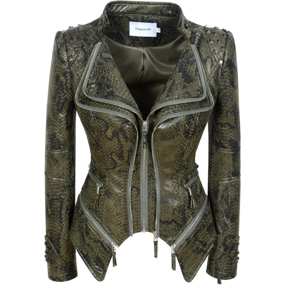 imageFashion SX Womens Rivet Faux Leather Jacket Zipper Moto Biker Denim coat Motorcycle OutwearSnake Green