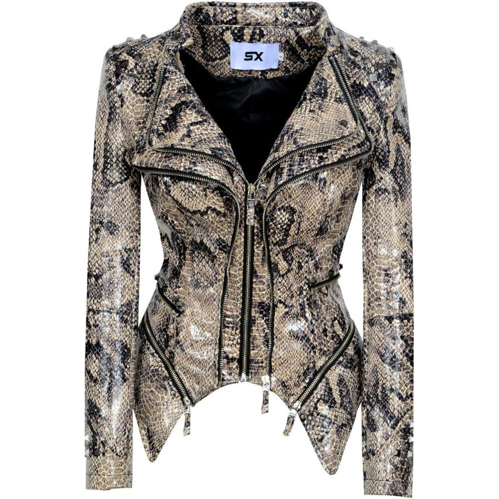 imageFashion SX Womens Rivet Faux Leather Jacket Zipper Moto Biker Denim coat Motorcycle OutwearSnake Skin