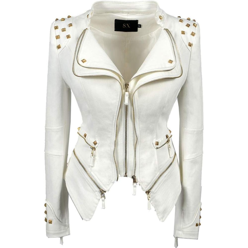 imageFashion SX Womens Rivet Faux Leather Jacket Zipper Moto Biker Denim coat Motorcycle OutwearWhite