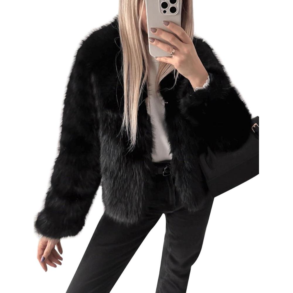 imageFlygo Women Faux Fur Coat Fluffy Long Sleeve Open Front Cropped Furry Jacket Shaggy 2025 Warm Winter Outwear with PocketsBlack