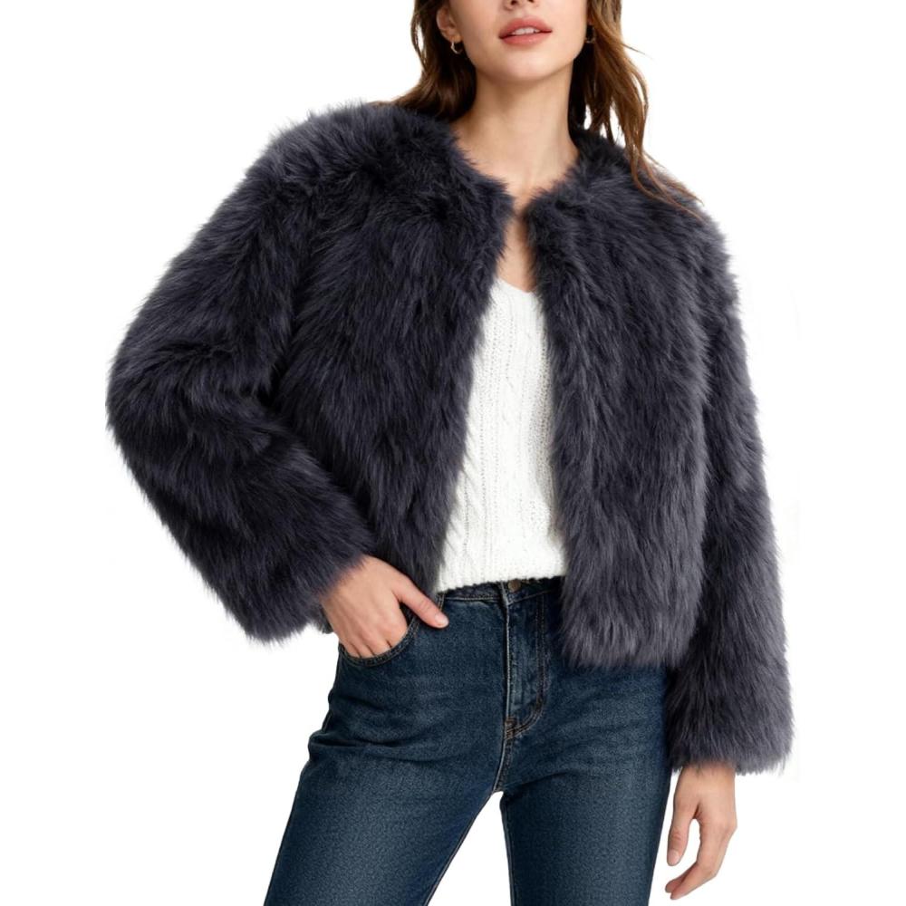 imageFlygo Women Faux Fur Coat Fluffy Long Sleeve Open Front Cropped Furry Jacket Shaggy 2025 Warm Winter Outwear with PocketsDarkgrey