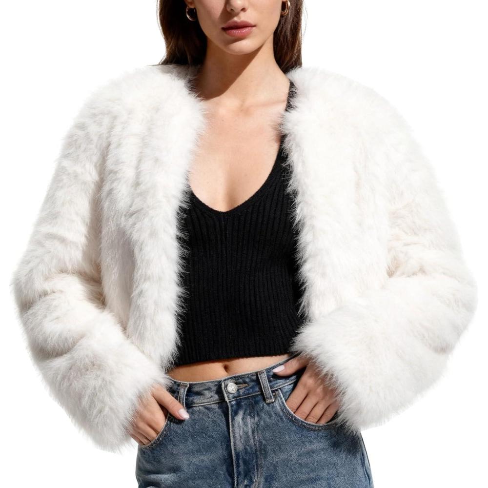 imageFlygo Women Faux Fur Coat Fluffy Long Sleeve Open Front Cropped Furry Jacket Shaggy 2025 Warm Winter Outwear with PocketsWhite