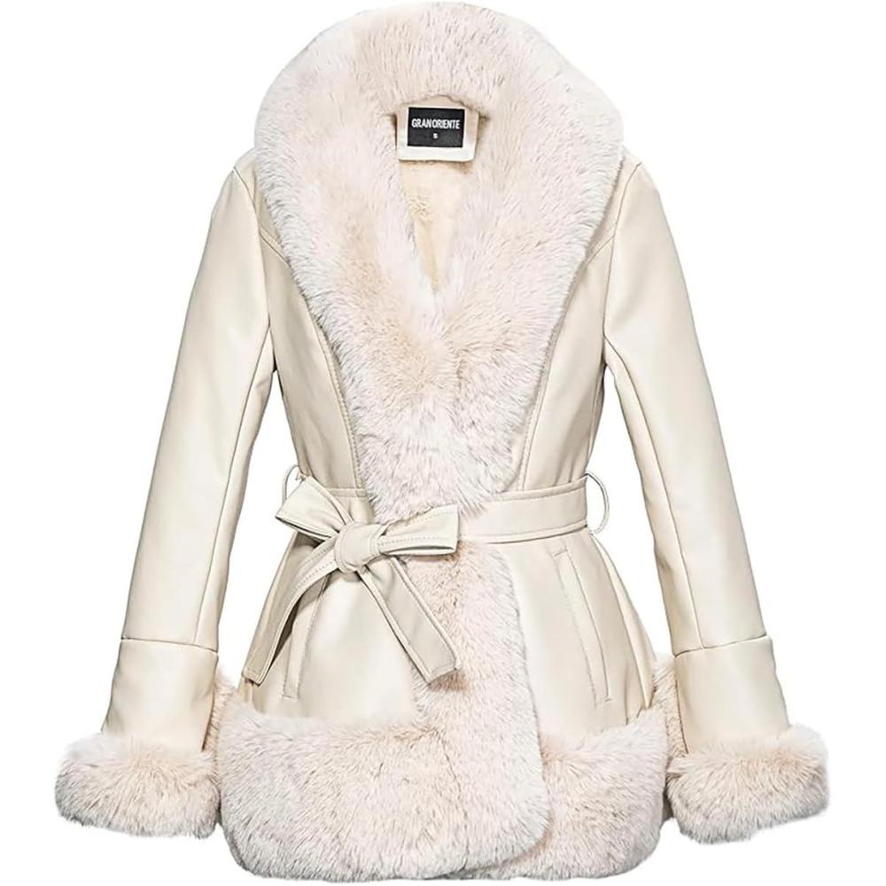 imageGRAN ORIENTE Womens Faux Leather Jacket with Faux Fur Collar Winter Long Sleeve Furry Trim Peplum Parka Coat with BeltApricot