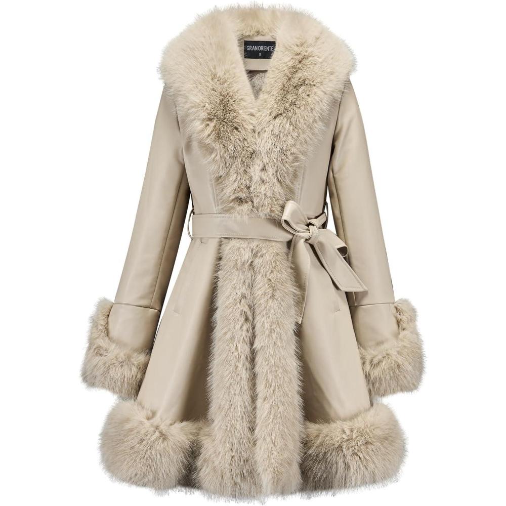 imageGRAN ORIENTE Womens Faux Leather Jacket with Faux Fur Collar Winter Long Sleeve Furry Trim Peplum Parka Coat with BeltApricot Long