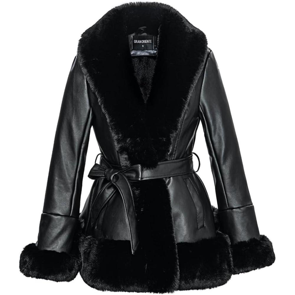 imageGRAN ORIENTE Womens Faux Leather Jacket with Faux Fur Collar Winter Long Sleeve Furry Trim Peplum Parka Coat with BeltBlack