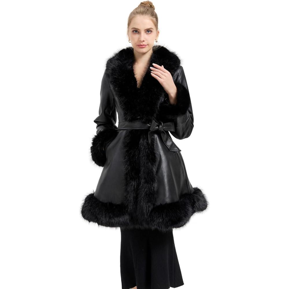 imageGRAN ORIENTE Womens Faux Leather Jacket with Faux Fur Collar Winter Long Sleeve Furry Trim Peplum Parka Coat with BeltBlack Long