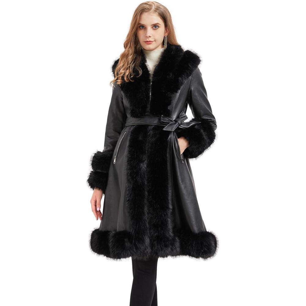 imageGRAN ORIENTE Womens Faux Leather Jacket with Faux Fur Collar Winter Long Sleeve Furry Trim Peplum Parka Coat with BeltBlack Long Zipper