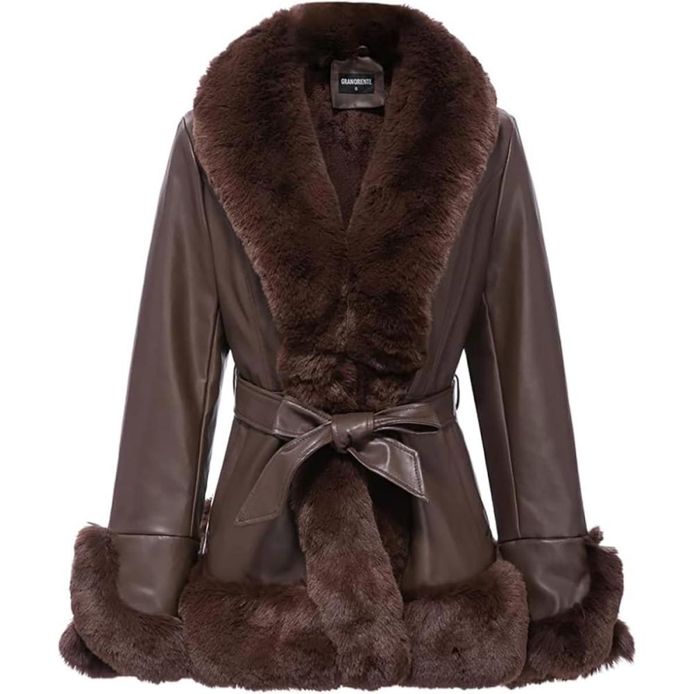 imageGRAN ORIENTE Womens Faux Leather Jacket with Faux Fur Collar Winter Long Sleeve Furry Trim Peplum Parka Coat with BeltBrown