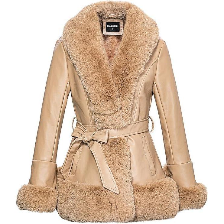 imageGRAN ORIENTE Womens Faux Leather Jacket with Faux Fur Collar Winter Long Sleeve Furry Trim Peplum Parka Coat with BeltCamel