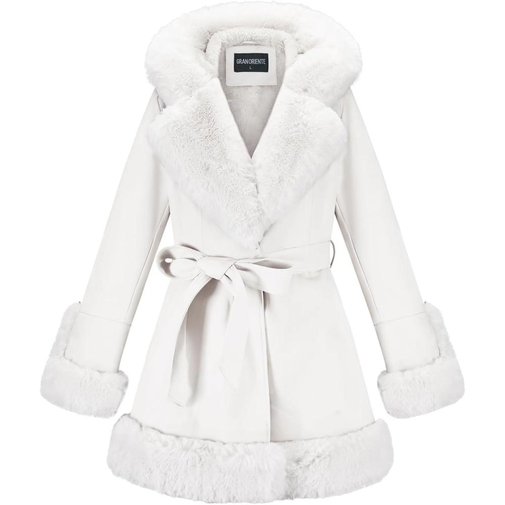 imageGRAN ORIENTE Womens Faux Leather Jacket with Faux Fur Collar Winter Long Sleeve Furry Trim Peplum Parka Coat with BeltWhite With Hood