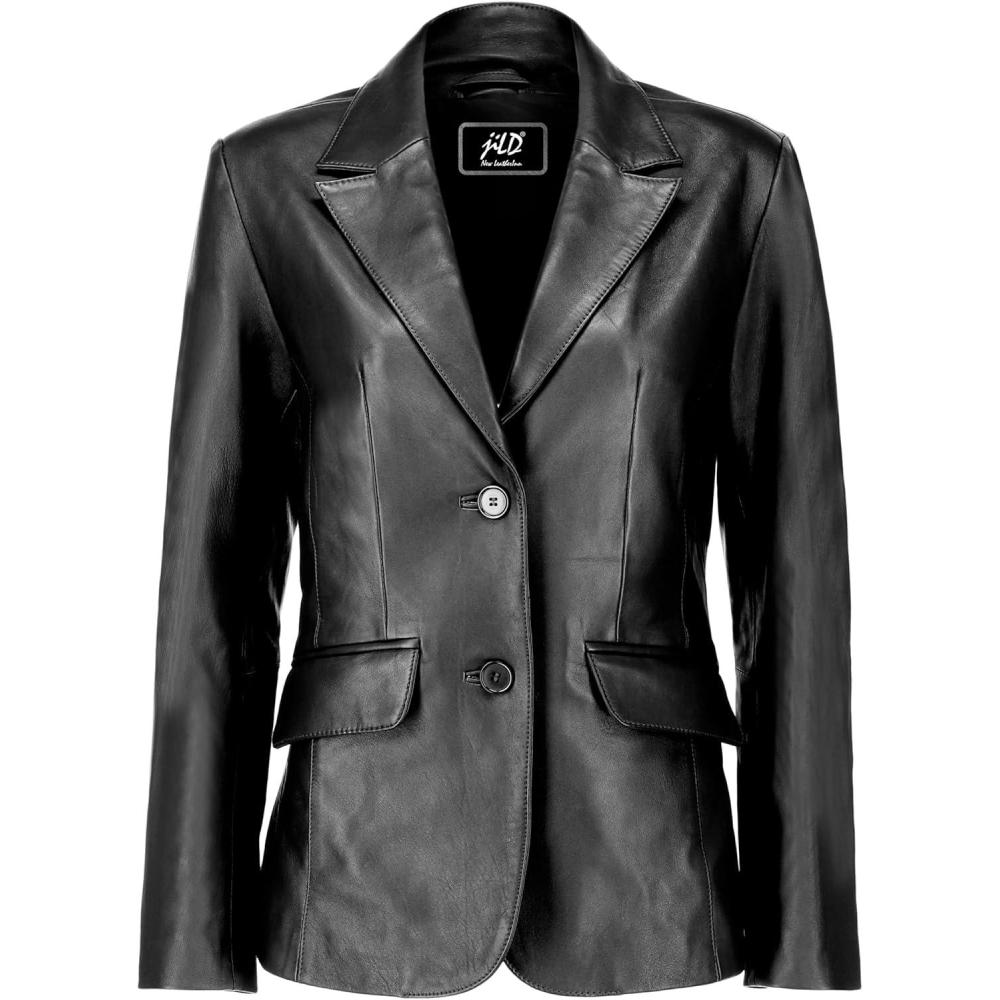 imageJild Classic 2Button Lambskin Leather Blazer Women Casual Coat Long Sleeves Suit Style Leather Jacket WomenBlack