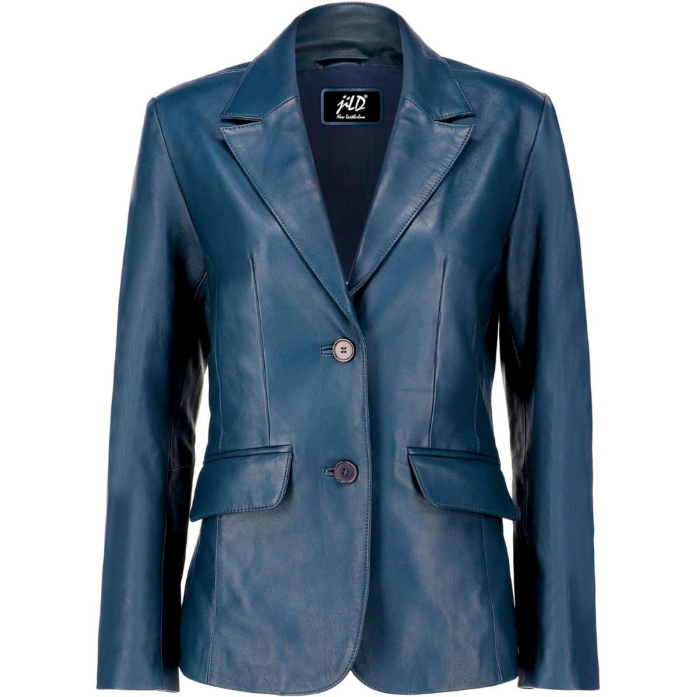imageJild Classic 2Button Lambskin Leather Blazer Women Casual Coat Long Sleeves Suit Style Leather Jacket WomenBlue