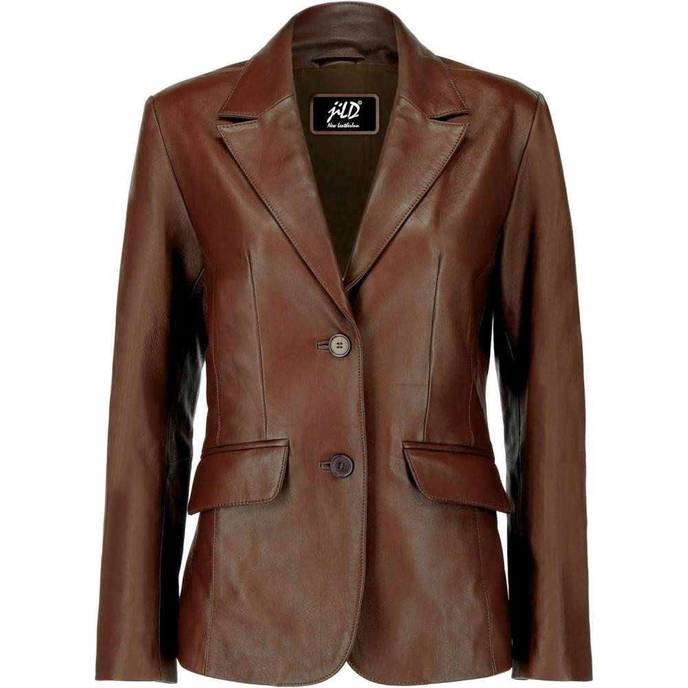 imageJild Classic 2Button Lambskin Leather Blazer Women Casual Coat Long Sleeves Suit Style Leather Jacket WomenBrown