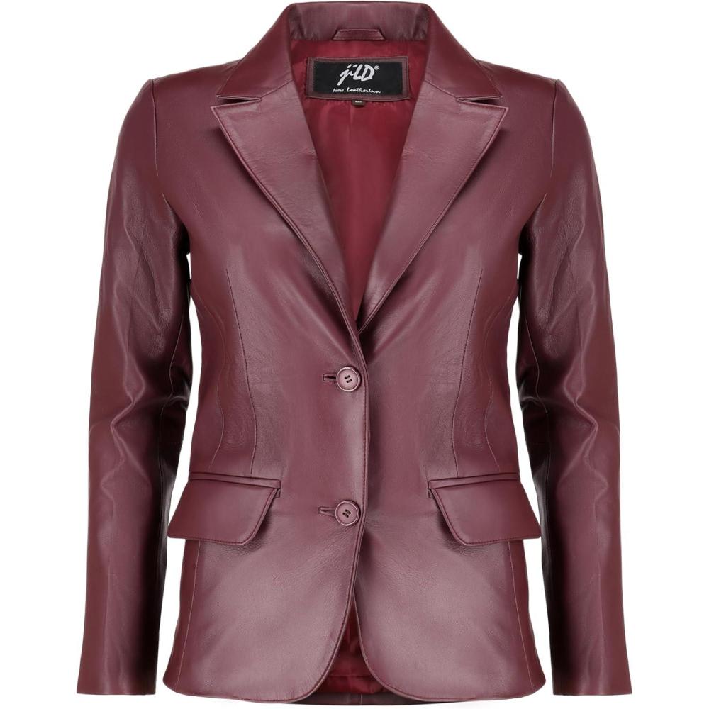 imageJild Classic 2Button Lambskin Leather Blazer Women Casual Coat Long Sleeves Suit Style Leather Jacket WomenBurgandy