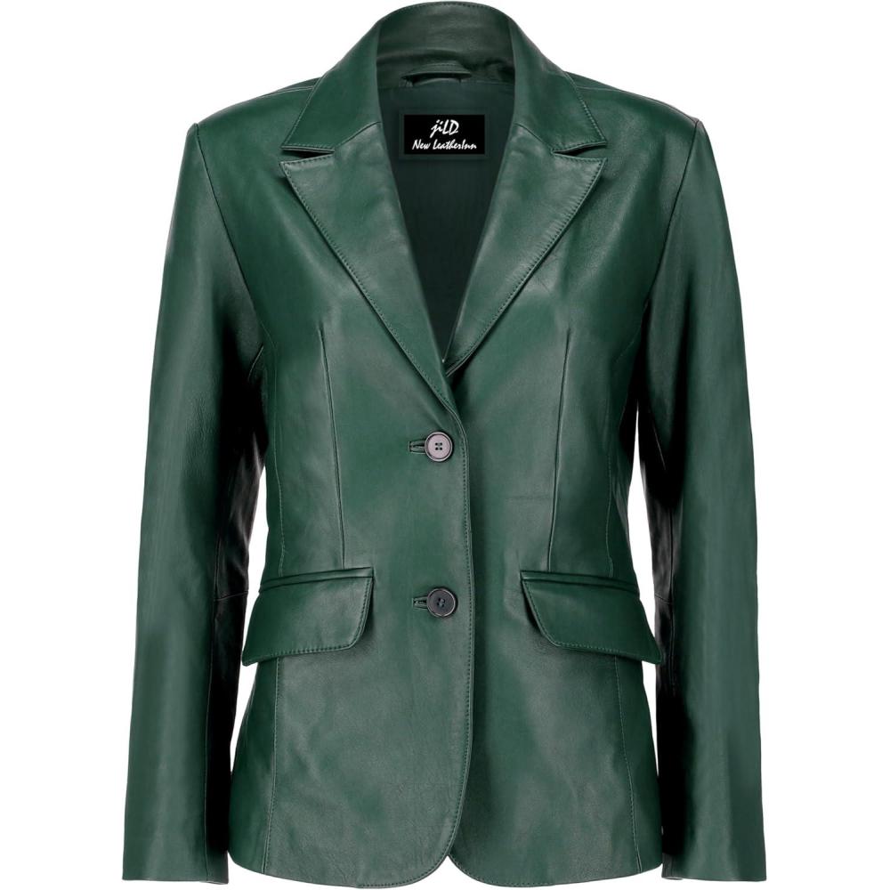 imageJild Classic 2Button Lambskin Leather Blazer Women  Casual Coat Long Sleeves Suit Style Leather Jacket WomenGreen