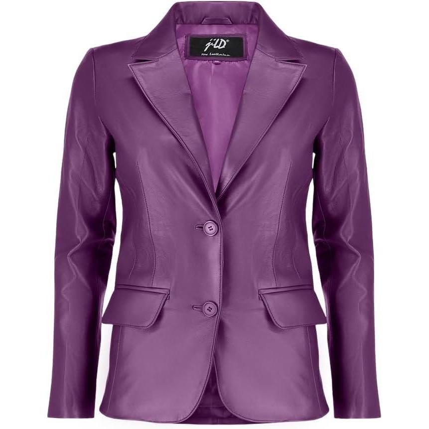 imageJild Classic 2Button Lambskin Leather Blazer Women Casual Coat Long Sleeves Suit Style Leather Jacket WomenPurple