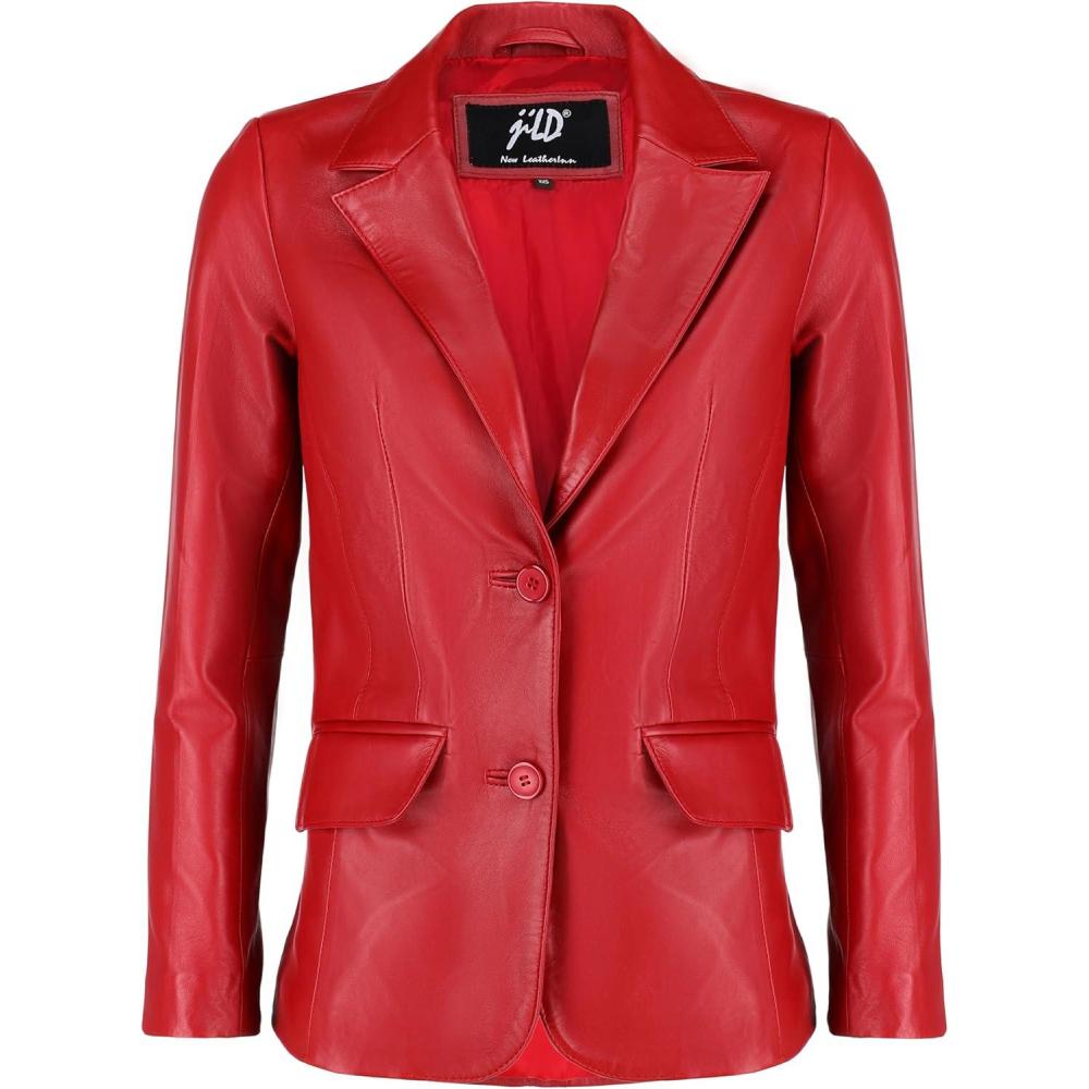 imageJild Classic 2Button Lambskin Leather Blazer Women Casual Coat Long Sleeves Suit Style Leather Jacket WomenRed